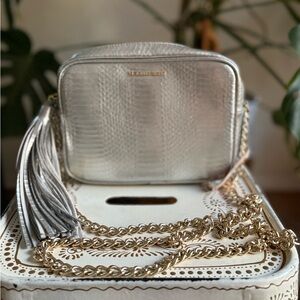 Victorias Secret Metallic Silver Tassel and Gold Chain Crossbody Bag